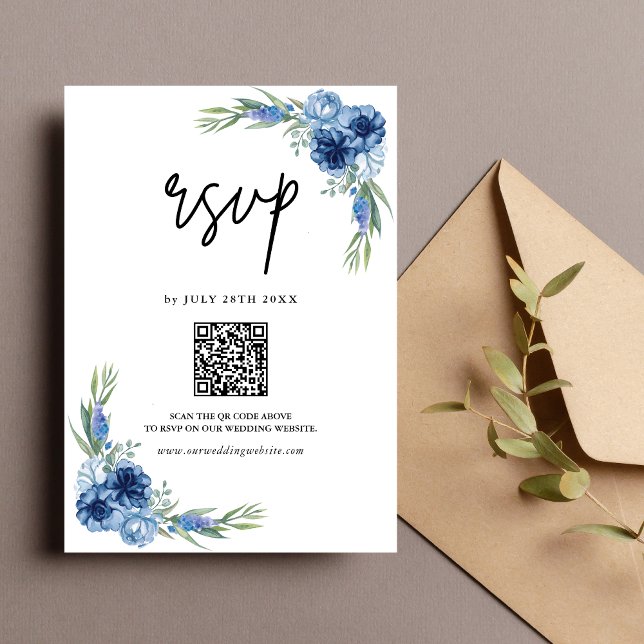 Vacker dammig blå blomster QR-kod bröllop OSA Kort (Lovely dusty blue floral QR code RSVP card enables quick replies with elegant wedding style)