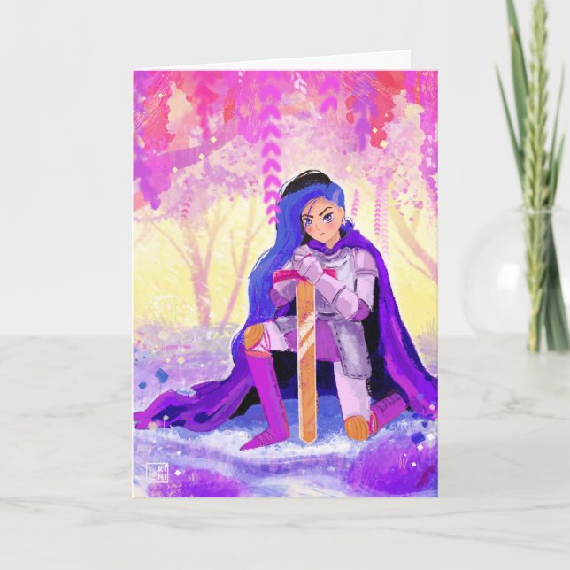 Vacker damsell riddare med blått hår vykort (Framsida)