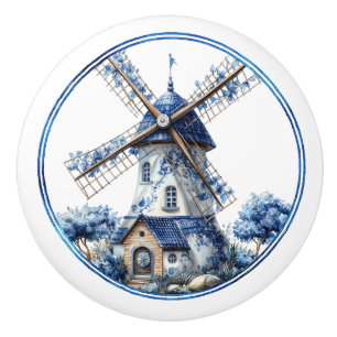 Vacker Delft Blå Akvarell Väderkvarn Knopp