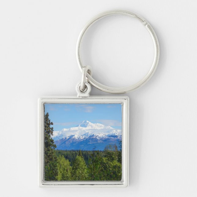 Vacker Denali Fyrkantig Silverfärgad Nyckelring (Framsidan)