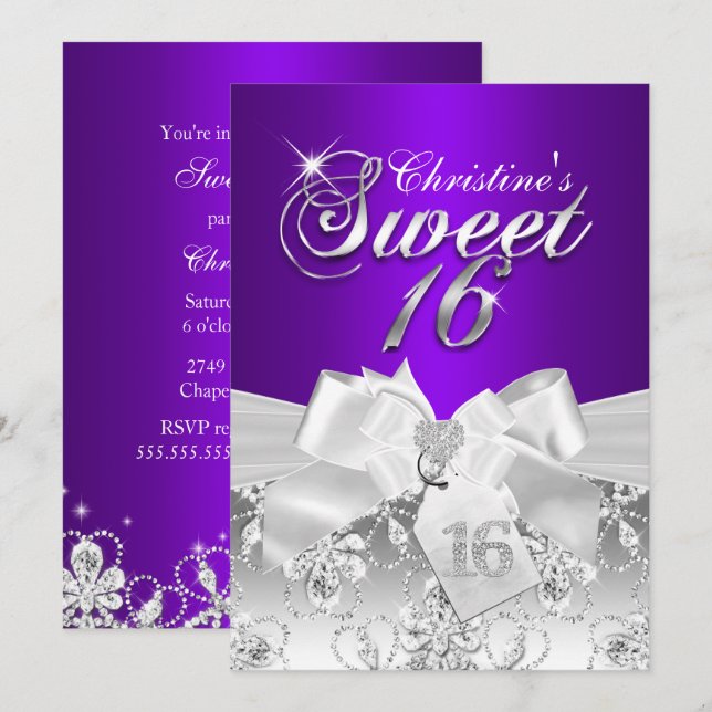 Vacker diamantbåge lila Sweet 16-inbjudan Inbjudningar (Fram/baksida)