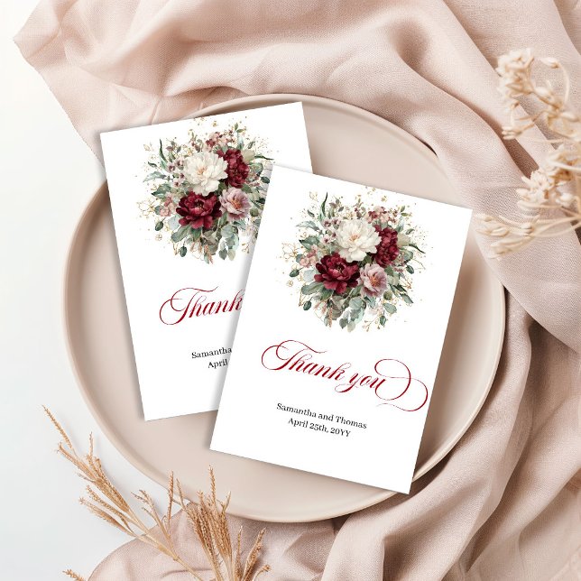 Vacker djupröd blomster- guld bröllop tackkort tack kort (Beautiful Deep Red Floral Gold Wedding Thank You Card)