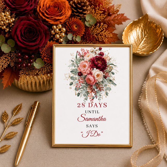 Vacker djupröd blomster höst bröllopsdusch räkna poster (Lovely deep red floral autumn bridal shower countdown sign decor

)