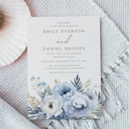 Vacker Dusty Blue Blommigt Bröllop Inbjudningar