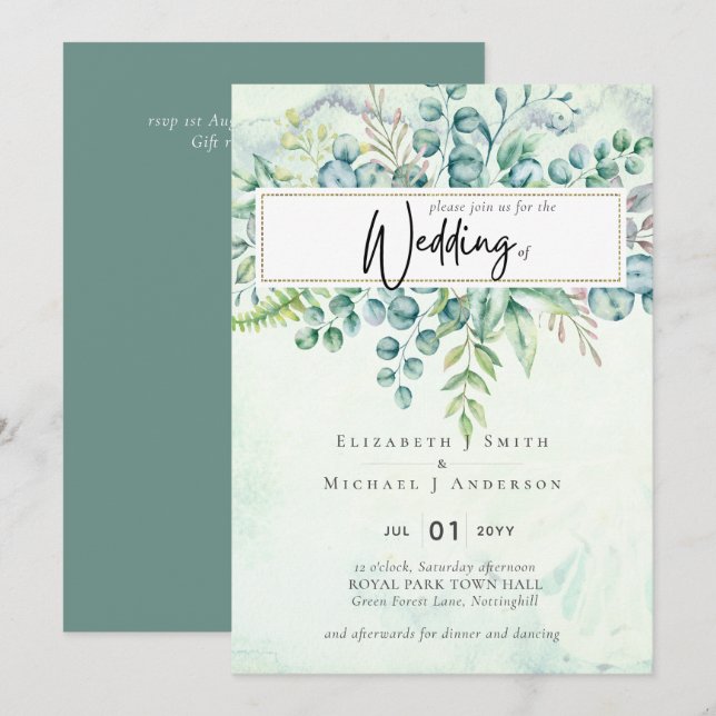 Vacker Dusty Sage Eucalyptus Greenery Inbjudan (Fram/baksida)