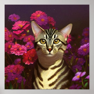 Vacker egyptisk mau Cat i en nattgarden Poster