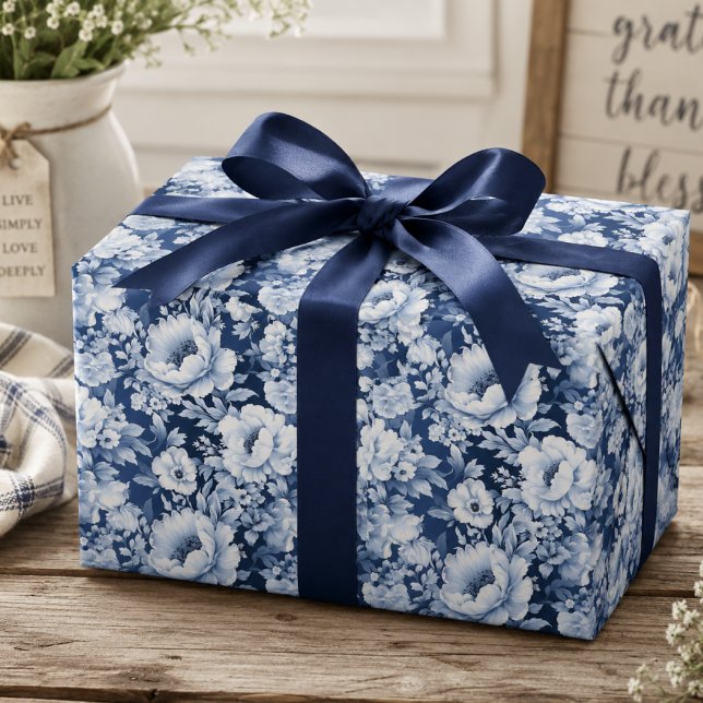 Vacker Elegant Indigo Blå Blommig Mönster Presentpapper (Skapare uppladdad)
