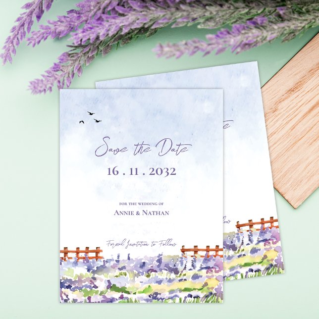 Vacker Elegant Landskapsvy Med Lavendelfält Bröllo Meddelande Vykort (Pretty Elegant Lavender Fields Landscape Wedding Announcement Postcard)