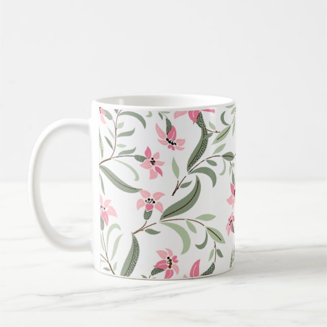 Vacker Elegant Rosa Blommig Mönster Vit Kaffemugg (Vänster)