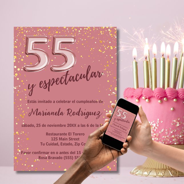Vacker Elegant Roséguld 55-års Födelsedag Spansk Inbjudningar (Skapare uppladdad)