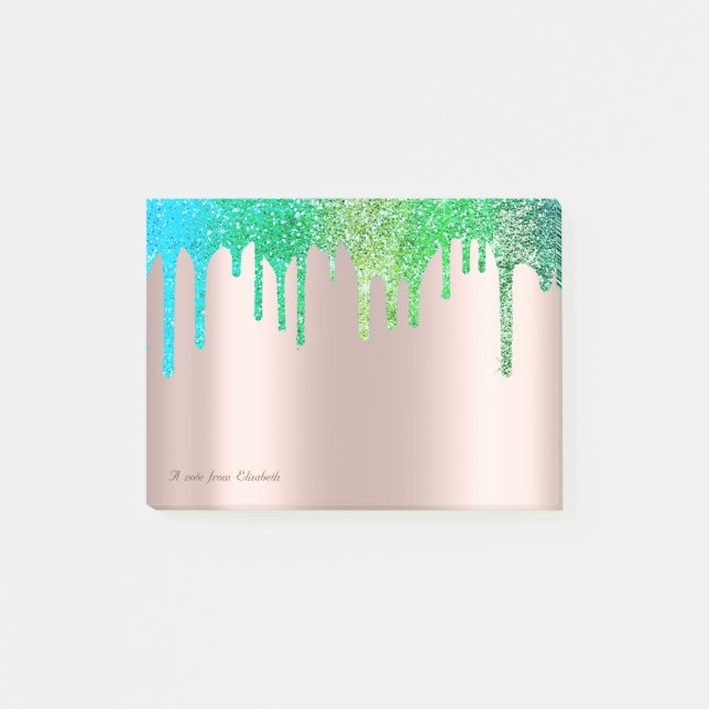 Vacker Elegant Roséguld Grön Blå Glitterdroppar Post-it Block (Framsida)