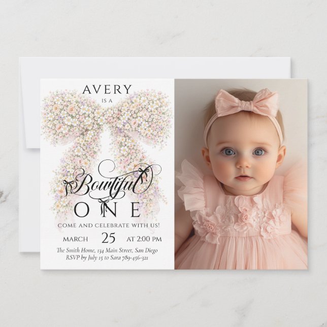 Vacker En blomma slinga Baby Flicka 1-årsdag Inbjudningar (Framsida)