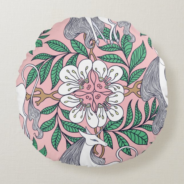 Vacker enhörn och cirkulär blommigt av prydnadshav rund kudde (Framsidan)