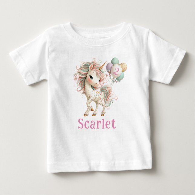 Vacker enhörning med ballonger födelsedags t-shirt (Framsida)