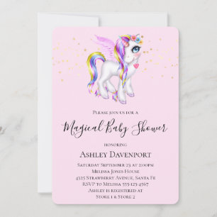 Vacker enhörning med regnbågshår Baby Shower Inbjudningar
