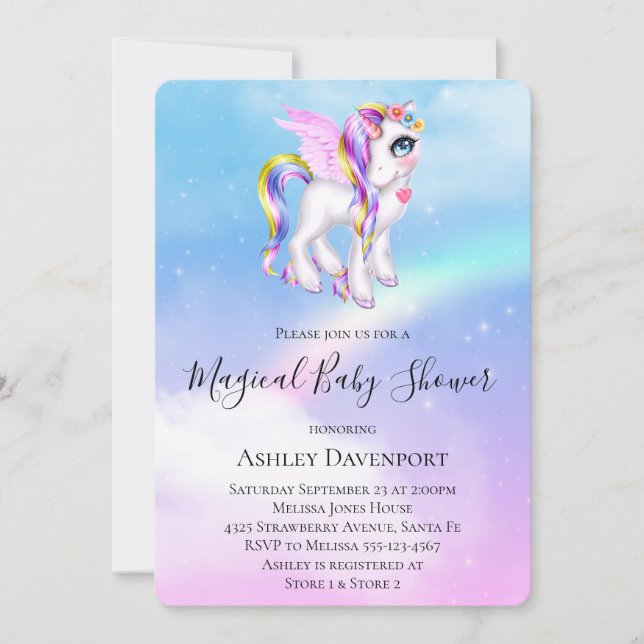 Vacker enhörning med regnbågsmané baby shower inbjudningar (Framsida)