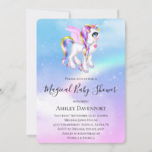 Vacker enhörning med regnbågsmané baby shower inbjudningar