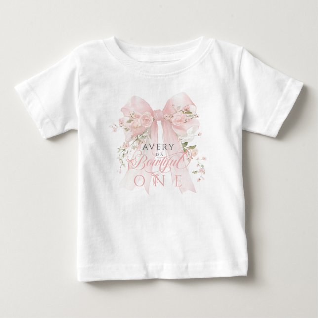 Vacker etta 1-års födelsedags blomsterbåge flickor t shirt (Framsida)
