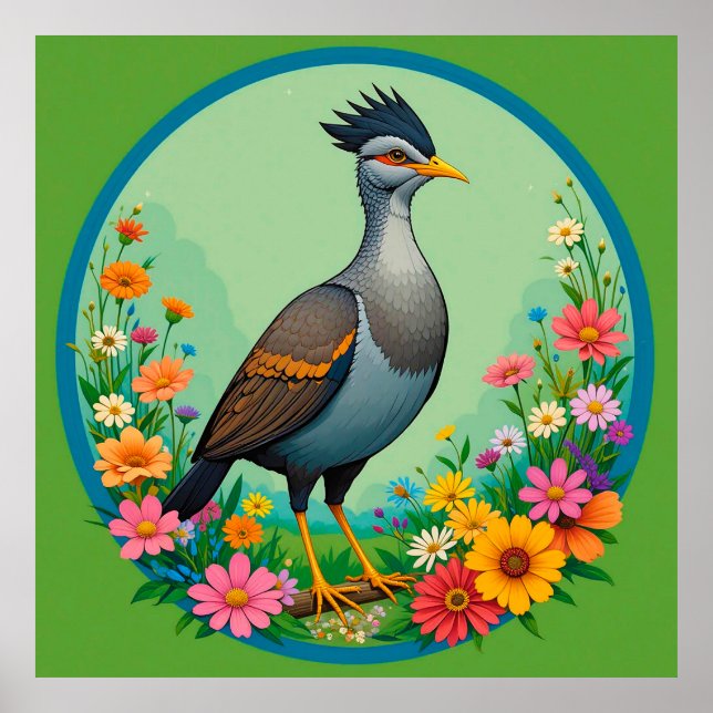 Vacker exotisk fågel som vilar bland färgglada blo poster (Framsidan)