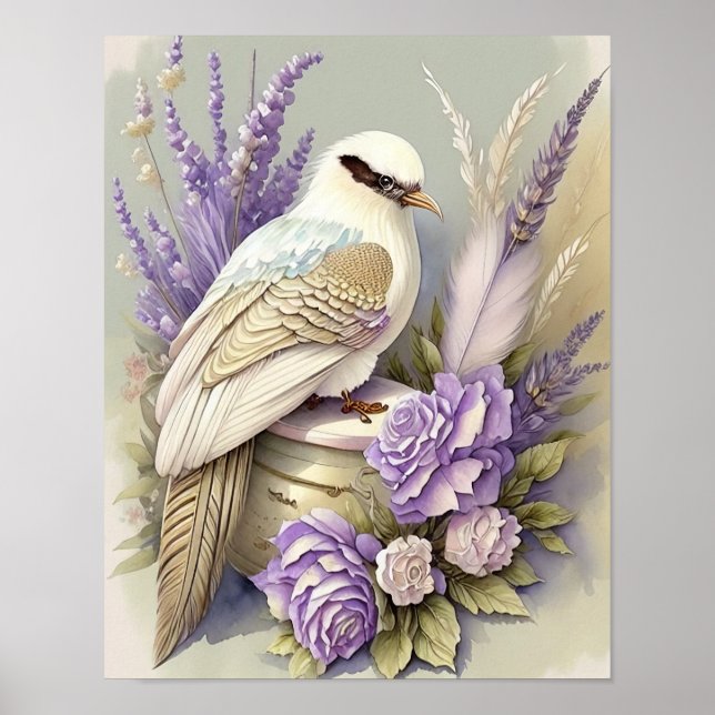 Vacker Fågeltryck Fjädrar Lavendel Elfenben Guld Poster (Framsidan)