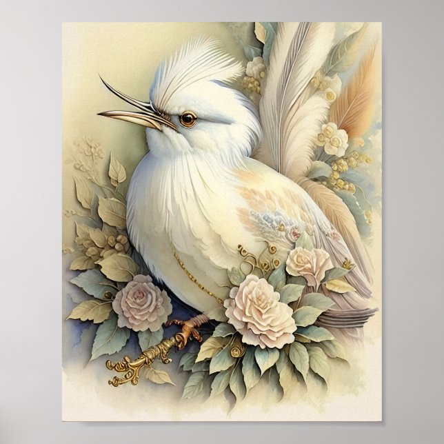 Vacker Fågeltryck Fjädrar Mjuka Neutrala Rosor Poster (Framsidan)