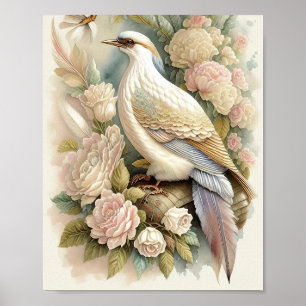 Vacker Fågeltryck Fjädrar Mjuka Neutrala Rosor Poster