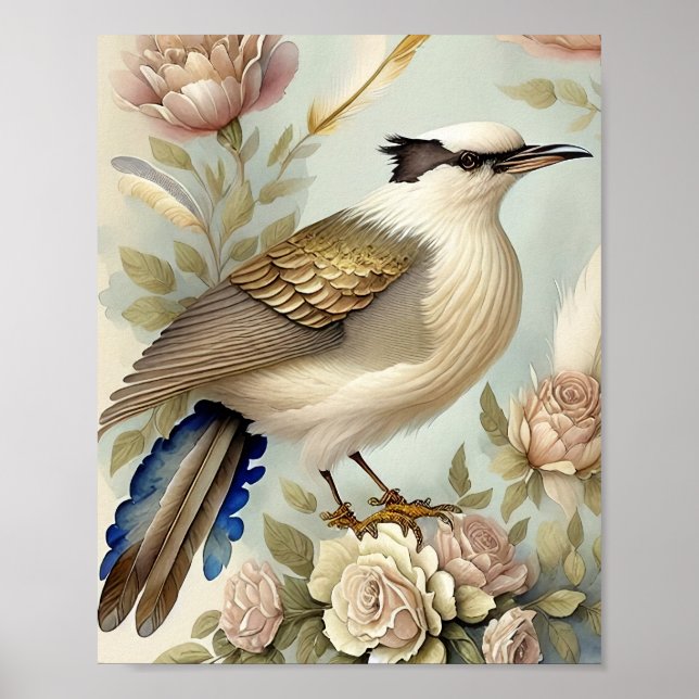 Vacker Fågeltryck Fjädrar Mjuka Neutrala Rosor Poster (Framsidan)