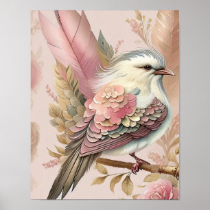 Vacker fågeltryck Rosa elfenbensfjädrar Rosor Poster
