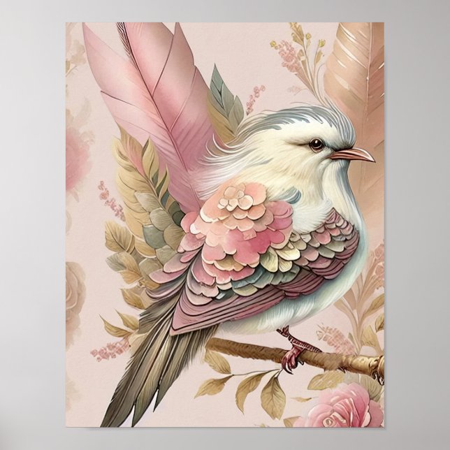 Vacker fågeltryck Rosa elfenbensfjädrar Rosor Poster (Framsidan)