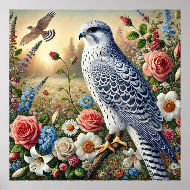 Vacker falk sittande bland livfulla blommor poster (Framsidan)