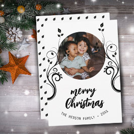 Vacker familjefoto Svart lövverk God Jul  Julkort
