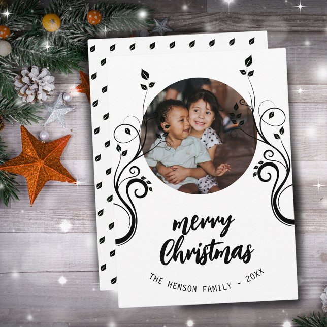 Vacker familjefoto Svart lövverk God Jul  Julkort (Skapare uppladdad)