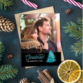 Vacker familjefoto Teal julgran Vattenfärg Magnet