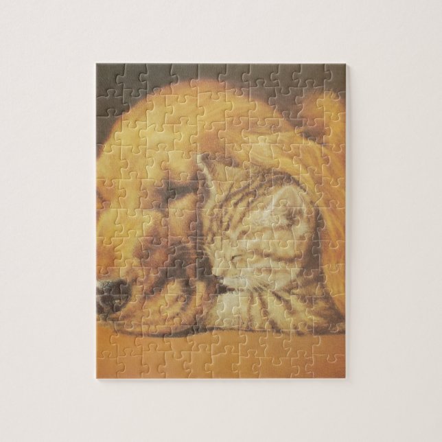 Vacker fantastisk katt- och hundkramande konsttryc pussel (Vertikal)