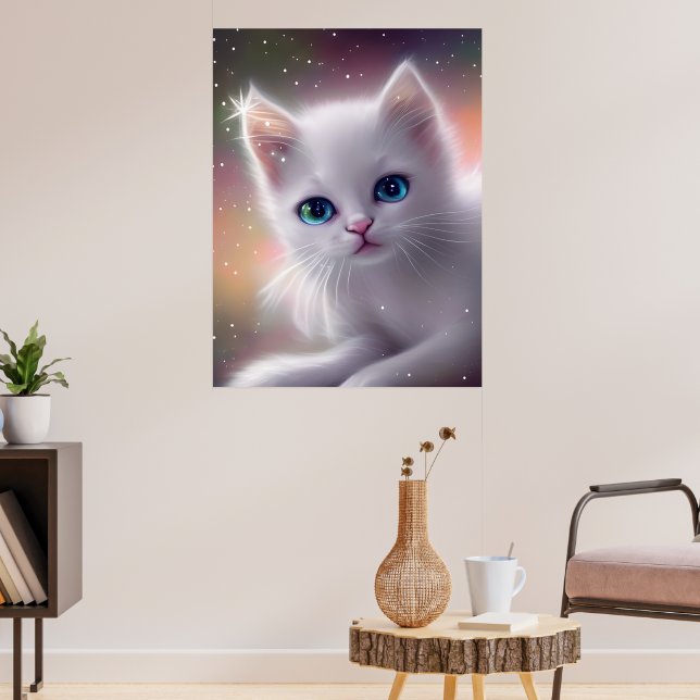 Vacker Fantasy White Fluffy Cat Poster (Vardagsrum 3)