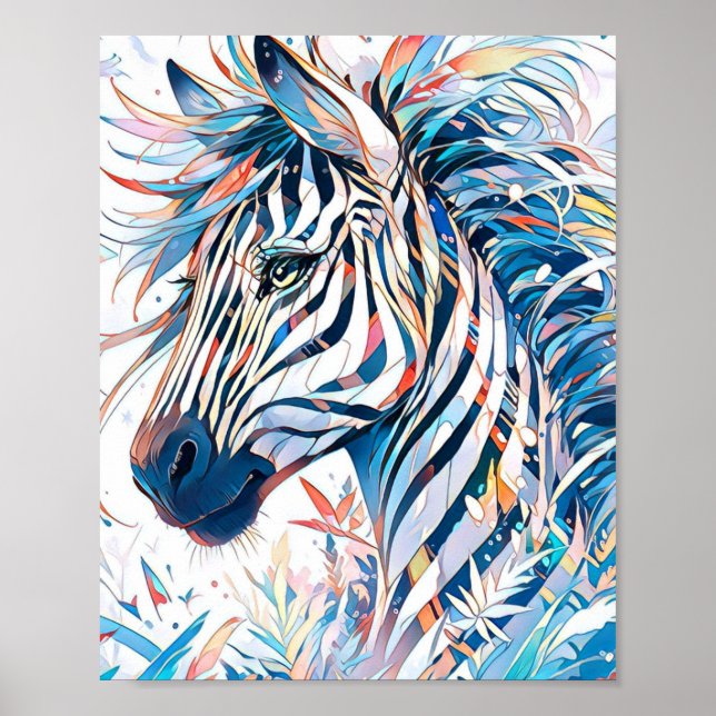 Vacker Färgrik Akvarell Zebrakonst Poster (Framsidan)