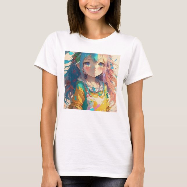 Vacker Färgrik Anime Flicka T Shirt (Framsida)