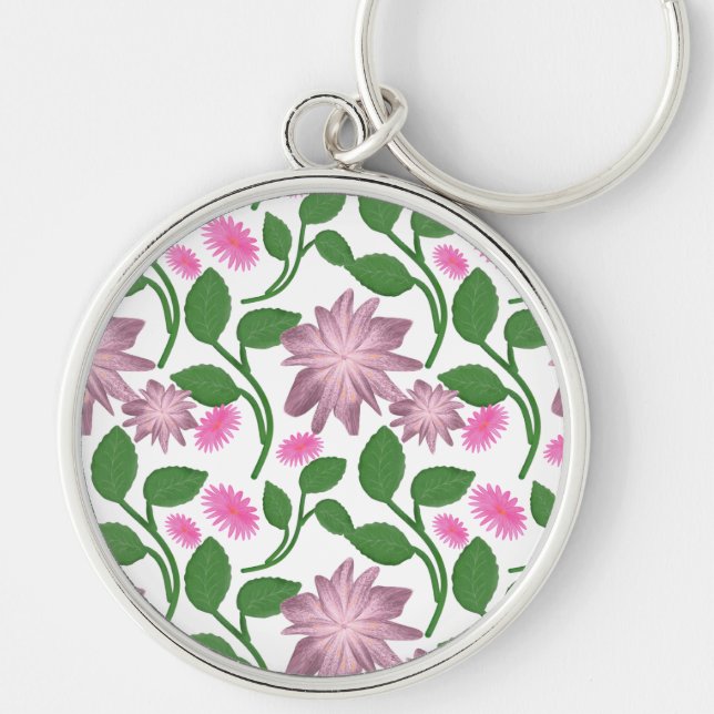 Vacker Färgrik blommig mönster Rund Silverfärgad Nyckelring (Framsidan)