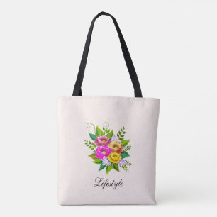Vacker färgrik blomsterbukett på elfenben tygkasse