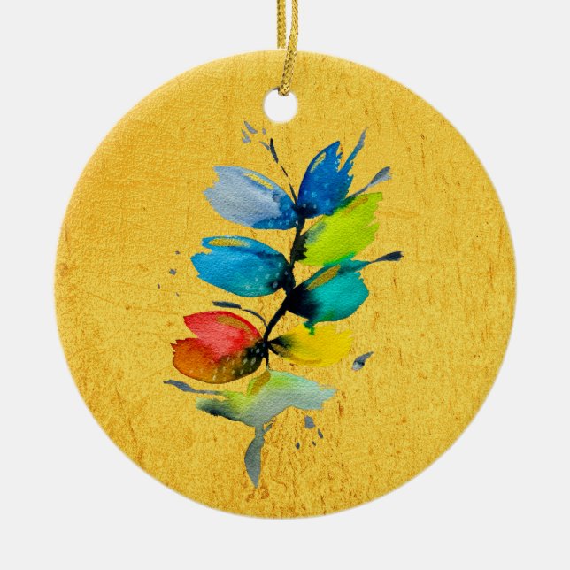 Vacker färgrik blomstermässig lös akvarellblomma julgransprydnad keramik (Framsidan)