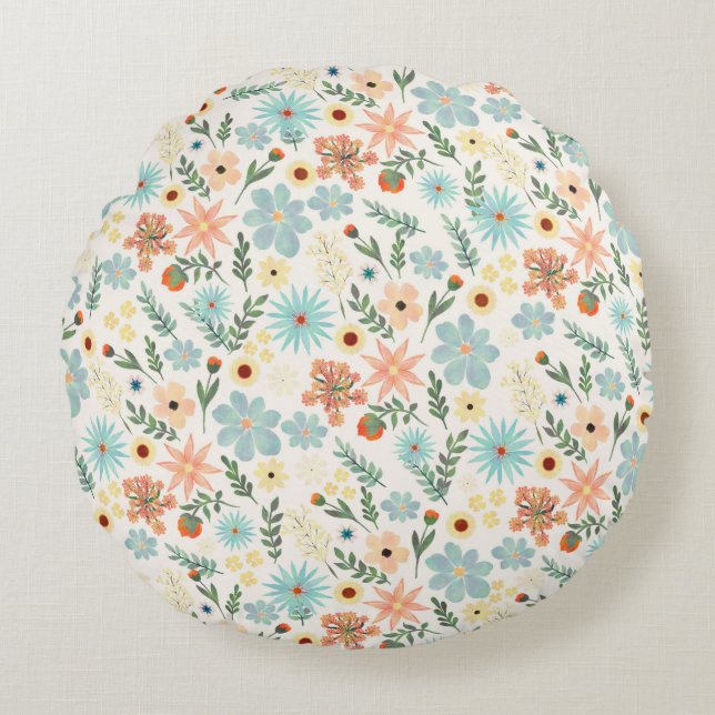 Vacker färgrik dum blomstergul vit design presentf rund kudde (Framsidan)