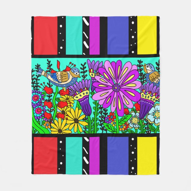 Vacker Färgrik Folkkonst Stil Fågel och Blommor Fleecefilt (Framsidan)
