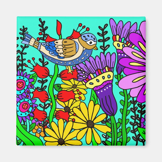 Vacker Färgrik Folkkonst Stil Fågel och Blommor Magnet (Framsidan)