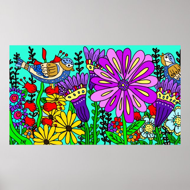 Vacker Färgrik Folkkonst Stil Fågel och Blommor Poster (Framsidan)