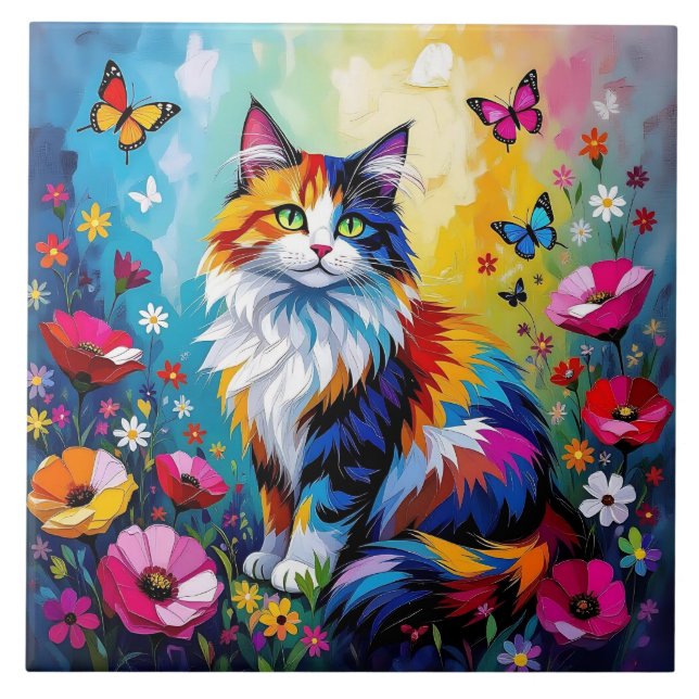 Vacker Färgrik Impasto Katt och Blommor Kakelplatta (Framsidan)