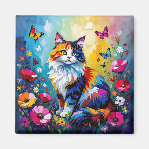 Vacker Färgrik Impasto Katt och Blommor Magnet