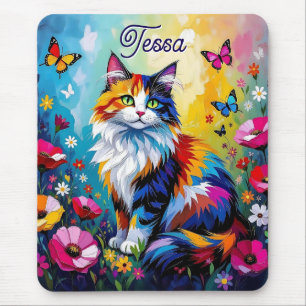 Vacker Färgrik Impasto Katt och Blommor Musmatta