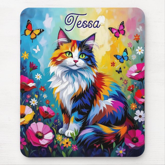 Vacker Färgrik Impasto Katt och Blommor Musmatta (Framsidan)