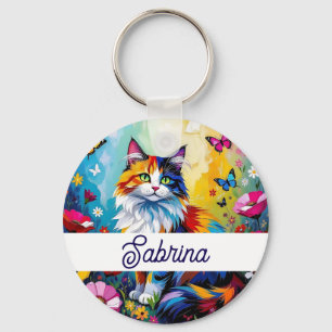 Vacker Färgrik Impasto Katt och Blommor Nyckelring