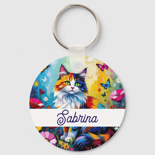 Vacker Färgrik Impasto Katt och Blommor Nyckelring (Framsida)